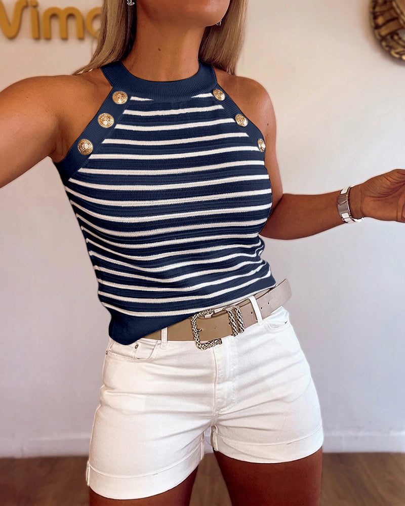 Women's Halter Neck Tank Top Striped Sleeveless Gold Button Contrast Binding Knit Top