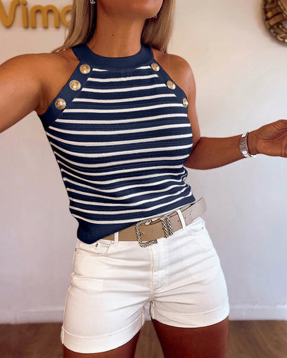 Women's Halter Neck Tank Top Striped Sleeveless Gold Button Contrast Binding Knit Top