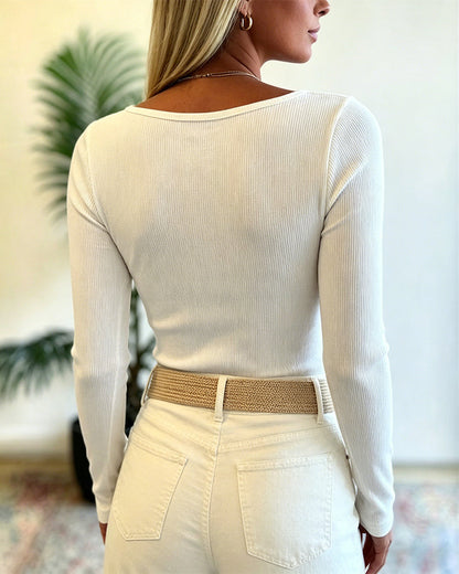 Women's U Neck Henley Tee Rib Knit Long Sleeve Slim Fit Basic Layering Top