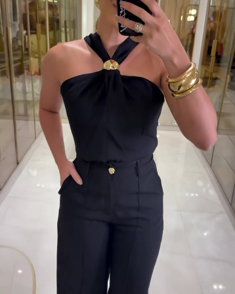 Women's 2 Piece Outfits Halter Neck Ruched Top and Wide Leg Pants Set Elegant Gold Decor Suits