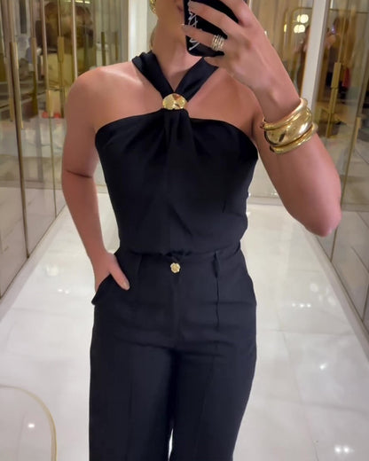 Women's 2 Piece Outfits Halter Neck Ruched Top and Wide Leg Pants Set Elegant Gold Decor Suits