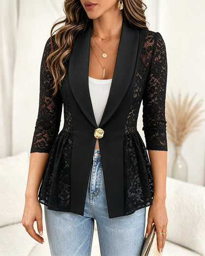 Women's Lace Patchwork Blazer Elegant Shawl Lapel Peplum Coat Single Breasted Three Quarter Sleeve Outwear