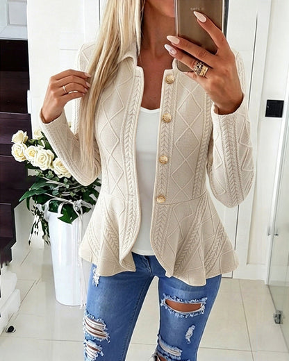 Women's Argyle Cable Knit Jacket Elegant Lapel Collar Gold Button Down Cardigan Ruffle Hem Long Sleeve Coat