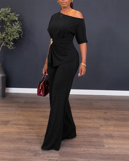 Women's Two Piece Outfits Convertible Shoulder Ruched Top and High Waisted Straight Leg Pants Set