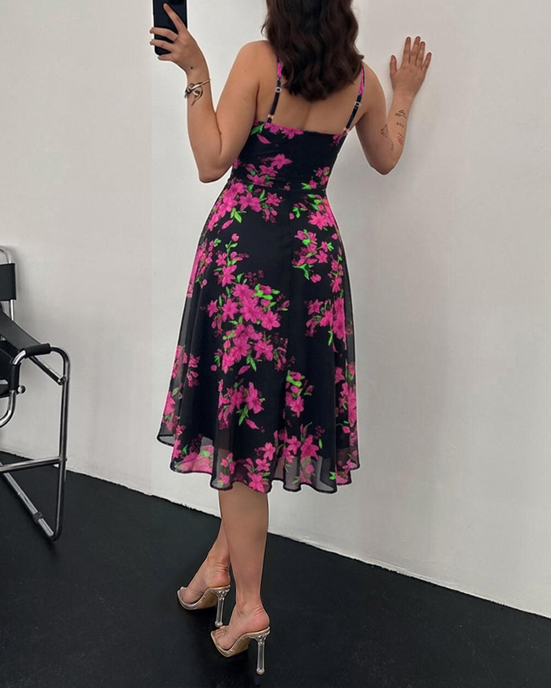 Women's Floral Print Cowl Neck Cami Dress High Waisted Sheer Mesh Overlay A-Line Dress Elegant Backless Flowy Party Dress