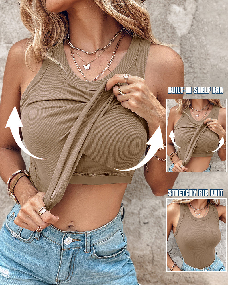 Missysecret Built-in Bra Ribbed Round Neck Tank Top