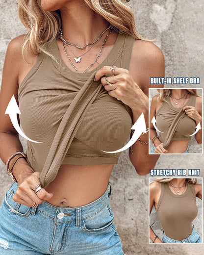 Missysecret Built-in Bra Ribbed Round Neck Tank Top