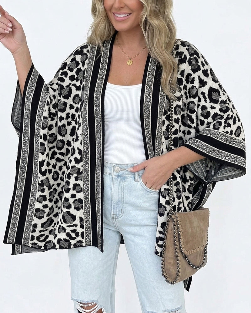 Women's Leopard Print Poncho Cardigan Contrast Striped Trim Open Front Loose Fit Batwing Sleeve Knit Cape Shawl