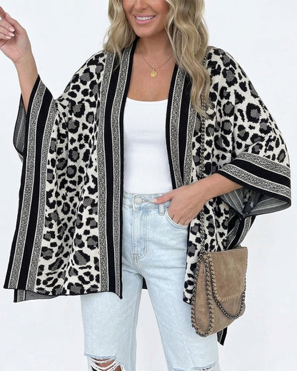 Women's Leopard Print Poncho Cardigan Contrast Striped Trim Open Front Loose Fit Batwing Sleeve Knit Cape Shawl
