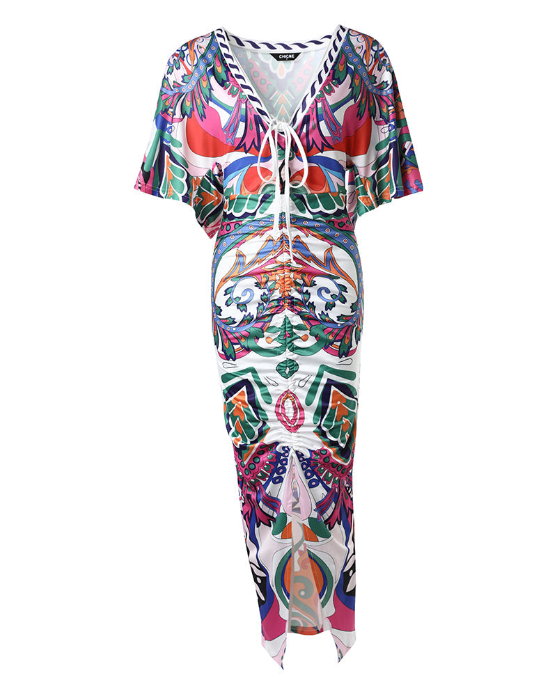 Women's Sexy Deep V Neck Abstract Print Maxi Dress Drawstring Ruched Front Slit Half Sleeve Bodycon Dress