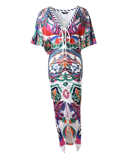 Women's Sexy Deep V Neck Abstract Print Maxi Dress Drawstring Ruched Front Slit Half Sleeve Bodycon Dress