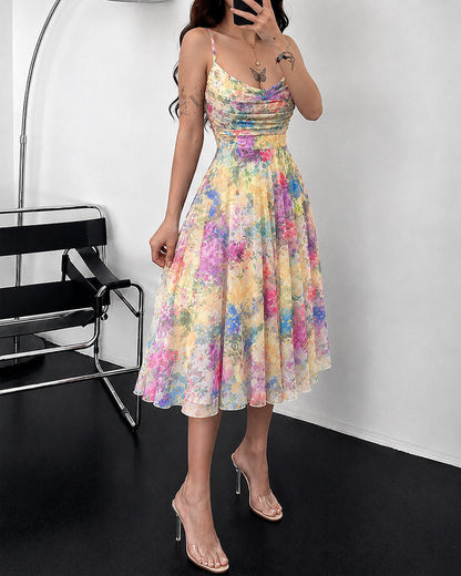 Women's Oil Painting Floral Mesh Midi Dress Sexy Cowl Neck Cami Dress High Waisted Ruched Backless A Line Sundress