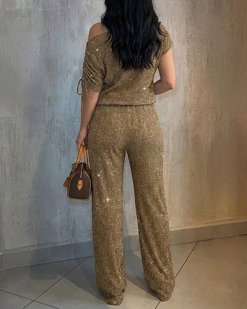 Women's Two-Piece Rhinestone Lounge Suit Skew Neck Top and Wide-Leg Pant Set Elegant Commuter Outfit with Pockets