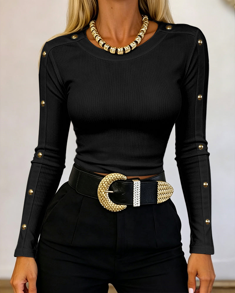 Women's Gold Studded Long Sleeve Rib-Knit T-Shirt Slim Fit Round Neck Top