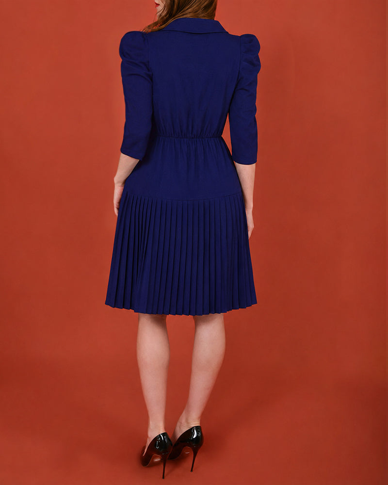 Women's Notch Lapel Blazer Dress Puff Sleeve Side Button Asymmetrical Pleated Hem A Line Work Dress