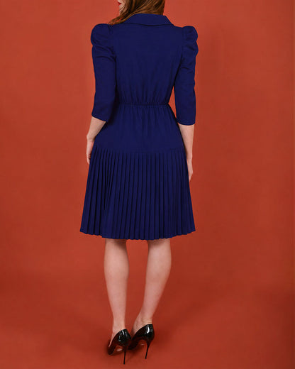 Women's Notch Lapel Blazer Dress Puff Sleeve Side Button Asymmetrical Pleated Hem A Line Work Dress