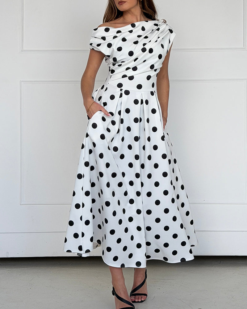 Women's Skew Neck Polka Dot Maxi Dress Ruched A-Line Swing Dress Elegant Party Cocktail Dress with Pockets