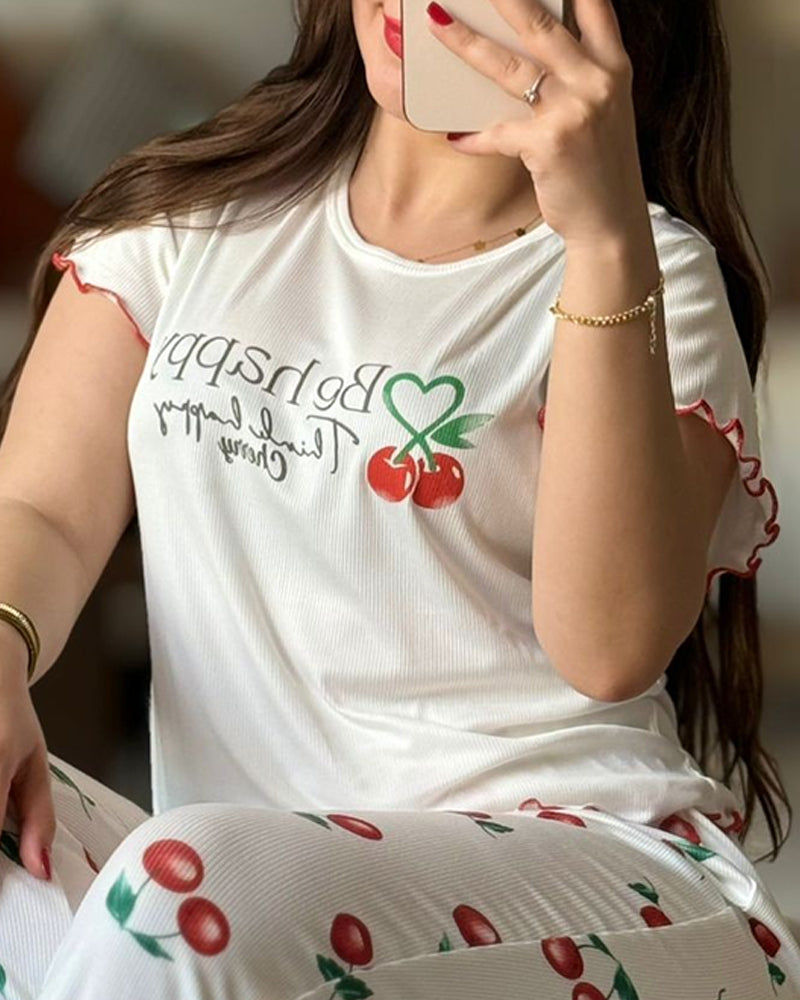 2 Pieces Outfit Letter & cherry Print Short Sleeve Frill Trim Top and Elastic Waist Pants Set Casual Ribbed Pajamas Set