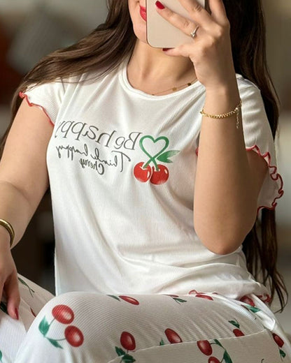 2 Pieces Outfit Letter & cherry Print Short Sleeve Frill Trim Top and Elastic Waist Pants Set Casual Ribbed Pajamas Set