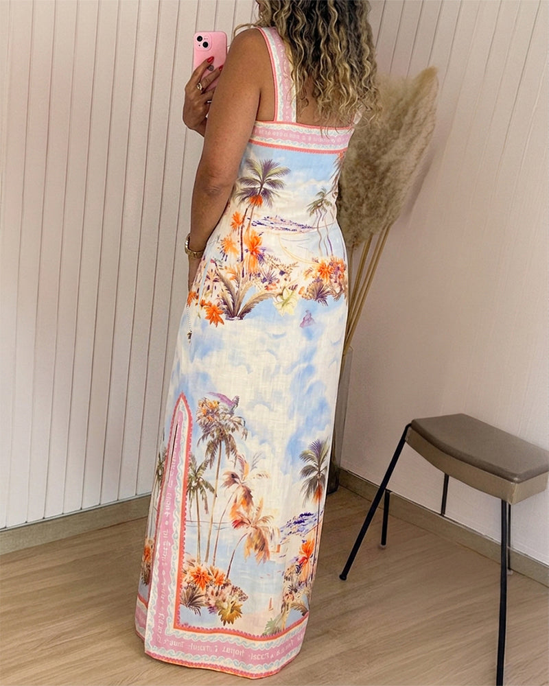 Women's Tropical Landscape Print Square Neck Maxi Dress Side Slits Backless Vacation Beach Dress with Pockets