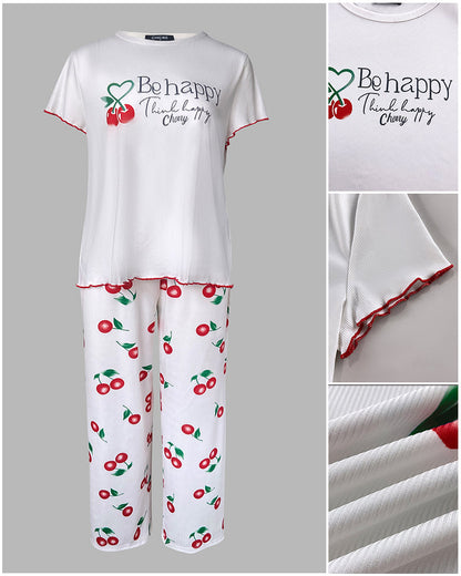 2 Pieces Outfit Letter & cherry Print Short Sleeve Frill Trim Top and Elastic Waist Pants Set Casual Ribbed Pajamas Set