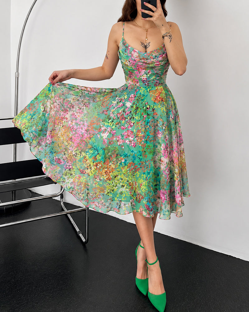 Women's Floral Mesh A Line Dress Cowl Neck Ruched Slip Dress Casual Backless Sundress