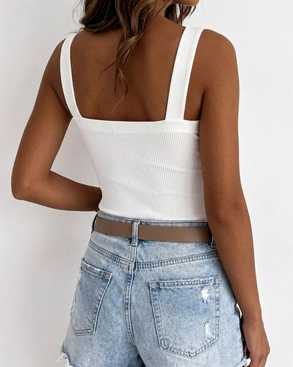 Women's Ribbed Knit Tank Top Square Neck Slim Fit Cami Top Adjustable Eyelet Strap Backless Top