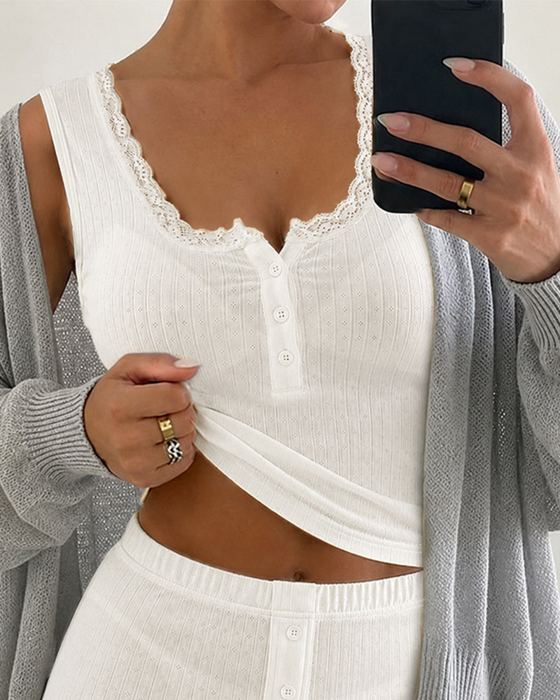 Women's 2-Piece Pajamas Set Lace Trim Henley Neck Tank Top and Shorts Set Casual Loungewear