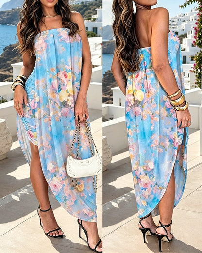 Women's Watercolor Floral Print Tube Dress Sexy Strapless Ruched Bodycon Dress Asymmetrical Double Layer Vacation Sundress