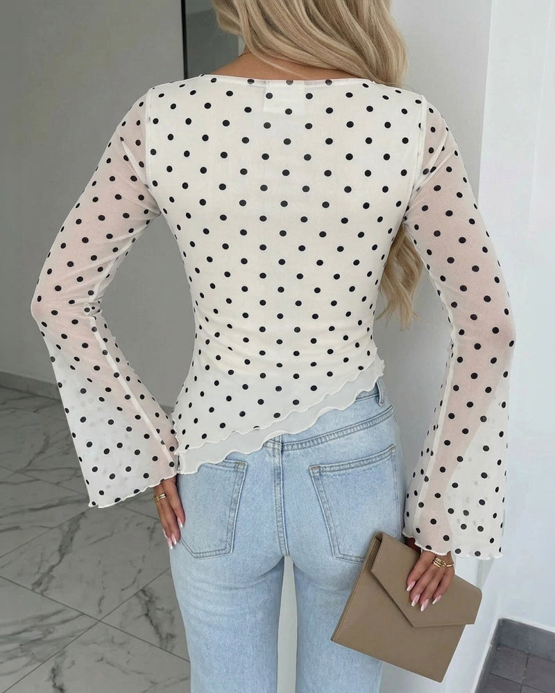 Women's Polka Dot Mesh Top Flare Long Sleeve Boat Neck Lined Asymmetric Frill Hem Blouse Vintage Party Shirt