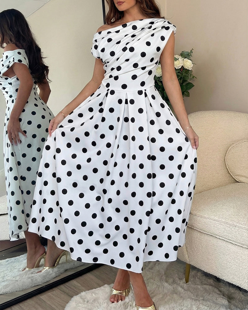 Women's Skew Neck Polka Dot Maxi Dress Ruched A-Line Swing Dress Elegant Party Cocktail Dress with Pockets