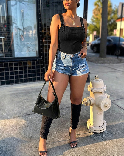 Women's Ribbed Knit Tank Top Square Neck Slim Fit Cami Top Adjustable Eyelet Strap Backless Top