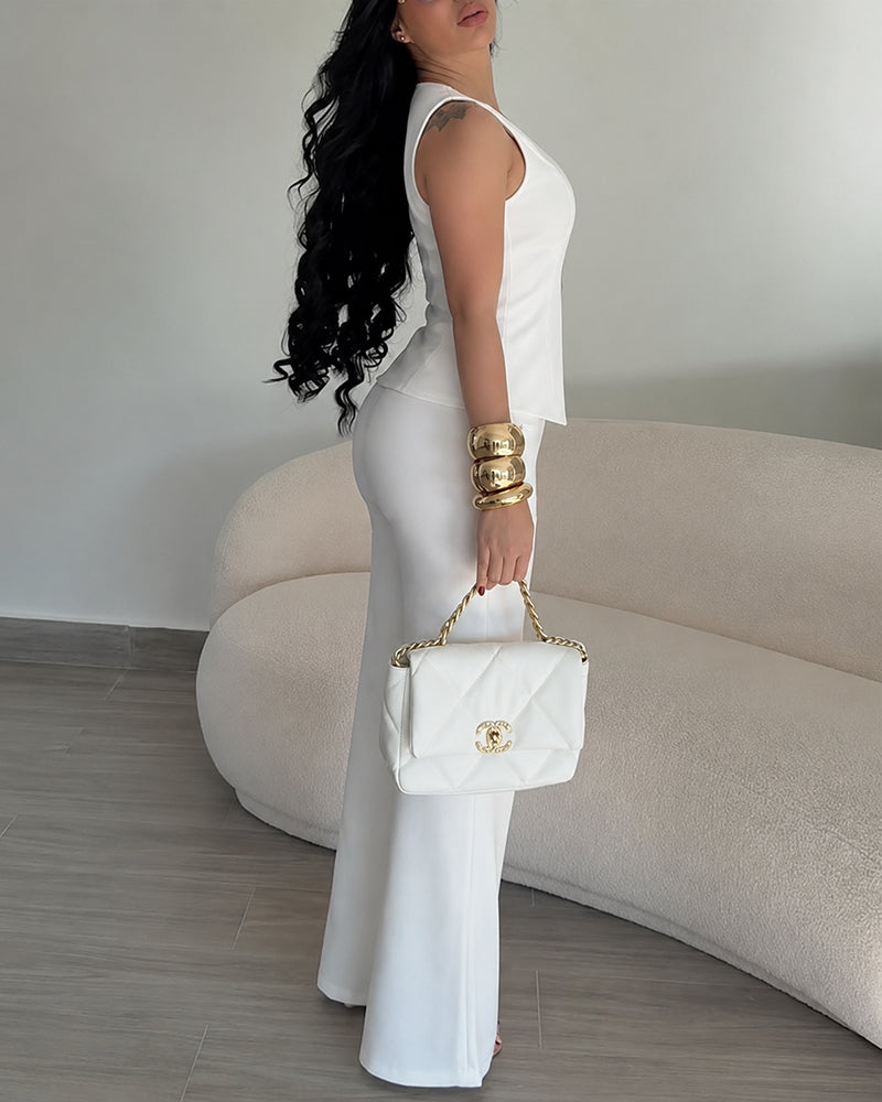 Women's 2 Piece Blazer Set Sleeveless V Neck Button Down Vest and High Waisted Straight Leg Pants Set Elegant Suit
