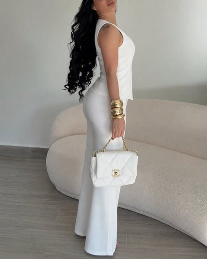 Women's 2 Piece Blazer Set Sleeveless V Neck Button Down Vest and High Waisted Straight Leg Pants Set Elegant Suit