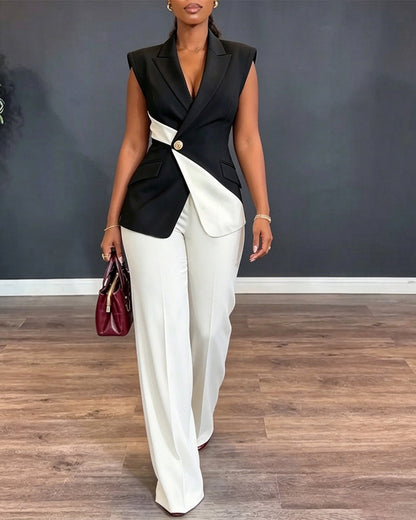 Women's Colorblock 2 Piece Suit Asymmetric Blazer Vest and High Waisted Straight Leg Pants Elegant Business Outfit