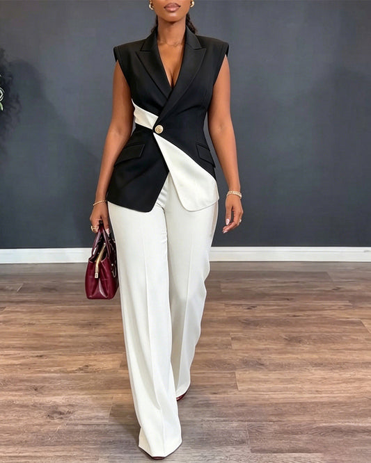 Women's Colorblock 2 Piece Suit Asymmetric Blazer Vest and High Waisted Straight Leg Pants Elegant Business Outfit