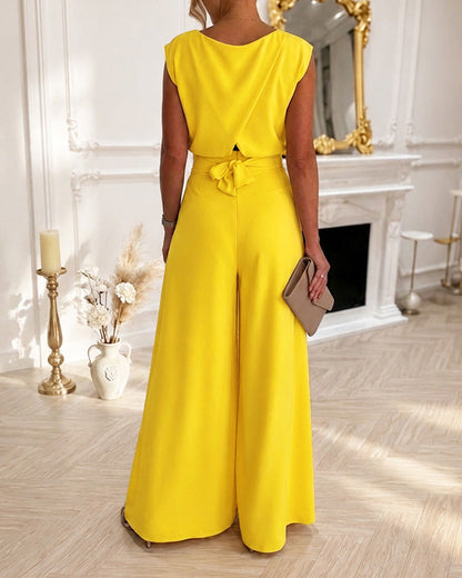 Women's Two Piece Outfits Cap Sleeve Bow Tie Back Crop Top and High Waisted Wide Leg Pants Set