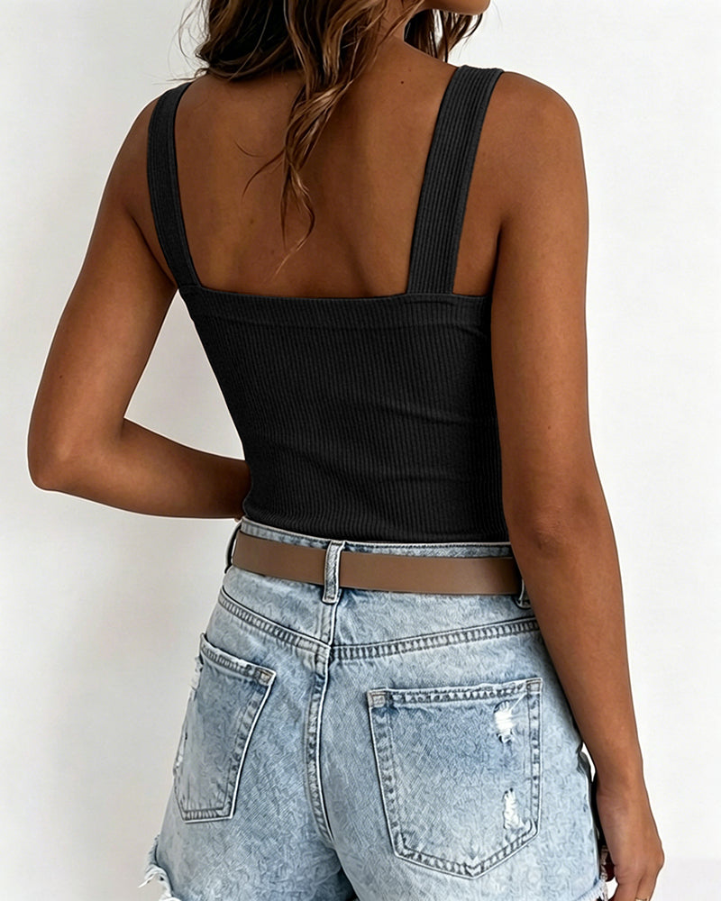 Women's Ribbed Knit Tank Top Square Neck Slim Fit Cami Top Adjustable Eyelet Strap Backless Top