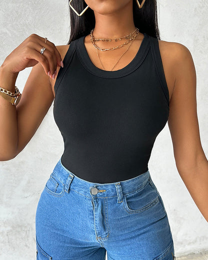 Missysecret Built-in Bra Ribbed Round Neck Tank Top