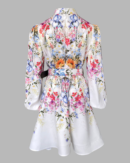 French Style Floral Print Stand Collar Lantern Sleeve Mixed-shape Button Down Dress Elegant Palace Style Cinched Waist Umbrella Hem Dress with Belt
