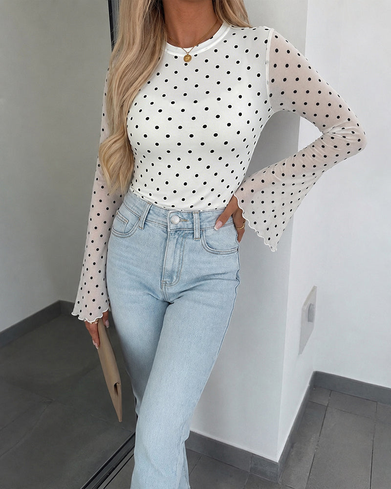 Women's Polka Dot Mesh Top Flare Long Sleeve Boat Neck Lined Asymmetric Frill Hem Blouse Vintage Party Shirt