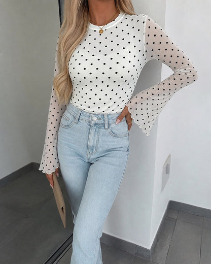Women's Polka Dot Mesh Top Flare Long Sleeve Boat Neck Lined Asymmetric Frill Hem Blouse Vintage Party Shirt