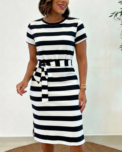 Women's Casual Striped Midi Dress Short Sleeve Crewneck Tie Waist T Shirt Dress Side Slit Commuting Dress