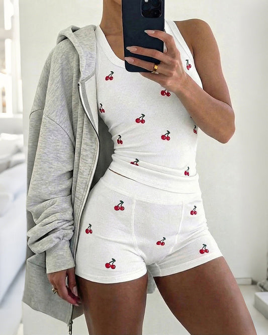 Women's Cherry Print Ribbed Knit Pajama Set U-Neck Tank Top and Shorts 2 Piece Loungewear Slim Fit Outfits