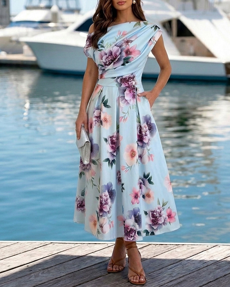 Women's Skew Neck Midi Dress Elegant Ruched Floral A-Line Dress High Waisted Vacation Dress with Pockets