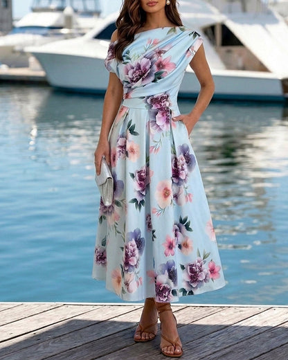 Women's Skew Neck Midi Dress Elegant Ruched Floral A-Line Dress High Waisted Vacation Dress with Pockets