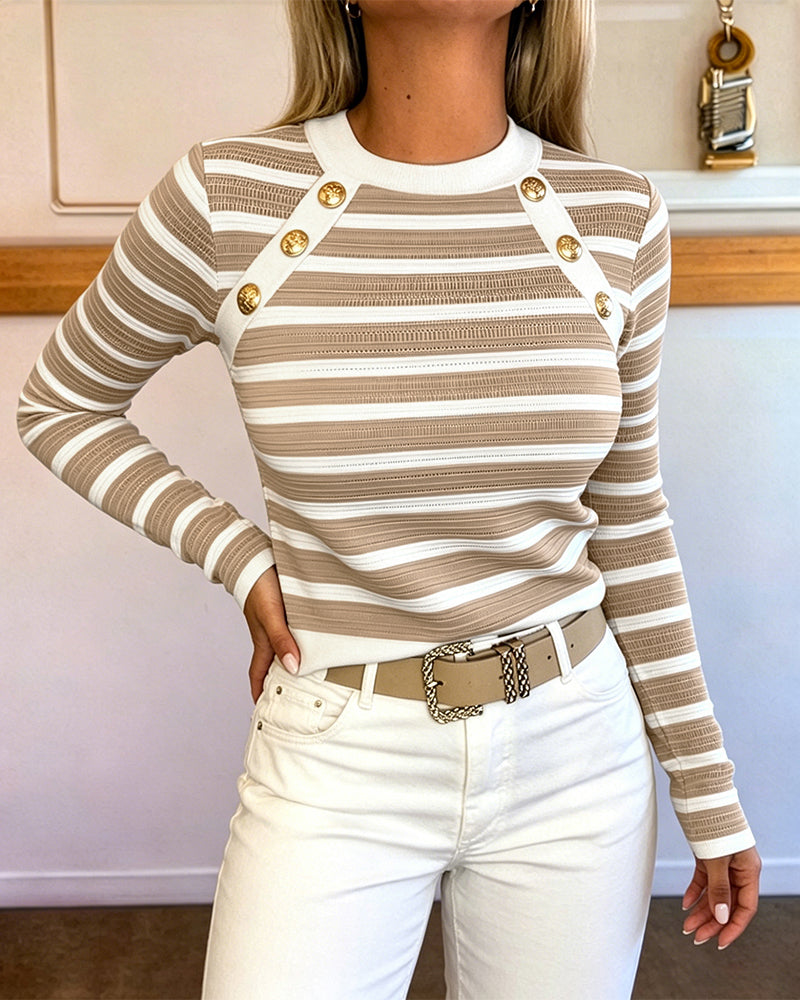 Women's Striped Knit Top Gold Button Long Sleeve Pullover Crewneck Slim Fit Knitwear Contrast Binding Sweater