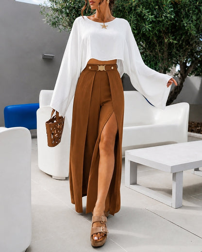 Women's High Waisted Wide Leg Pants Gold Hardware Front Overlapping Slit Loose Trousers with Pockets