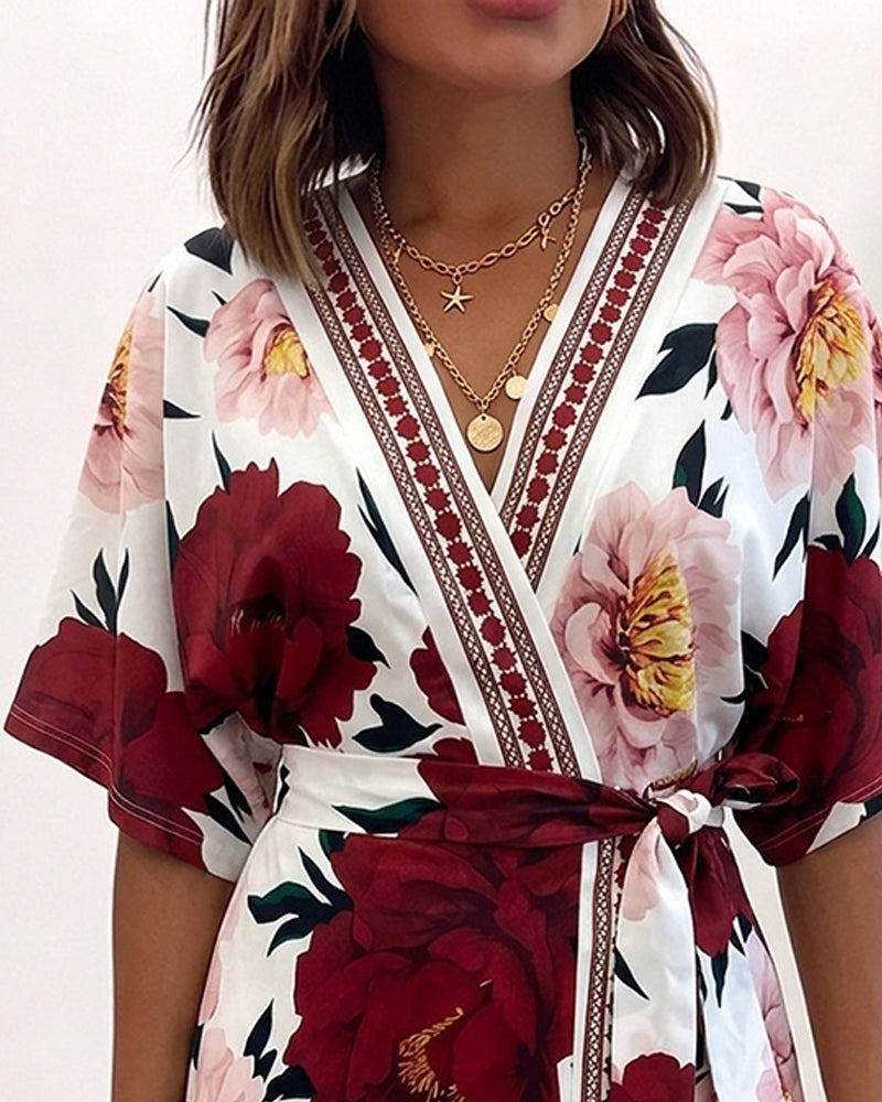 Women's Bohemian Floral Print V-Neck Romper Batwing Sleeve Wrap Knot Side High Waist Short Jumpsuit