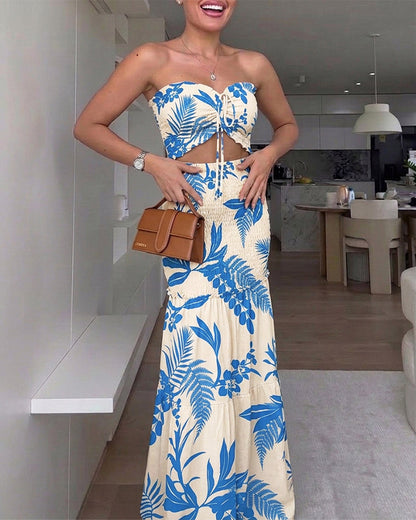 Women's Tropical Plants Print Bandeau Dress Shirred Cut Out Mermaid Maxi Dress Ruffle Hem Strapless Vacation Dress